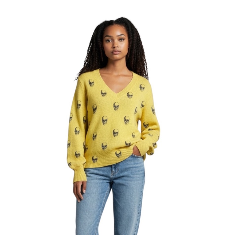 360 Skull Cashmere Jolie V-Neck Puff Sleeve Sweater In Yellow